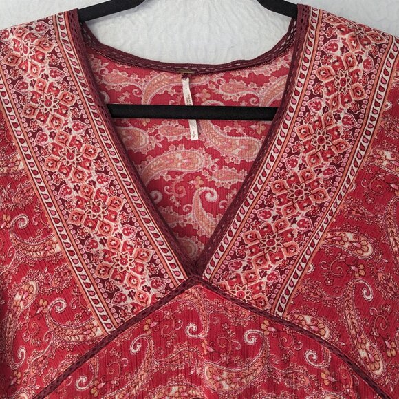 FREE PEOPLE Luna Scarf Print V-neck Tunic Boho Top Mini Dress Flowy Red Size S - Picture 4 of 13
